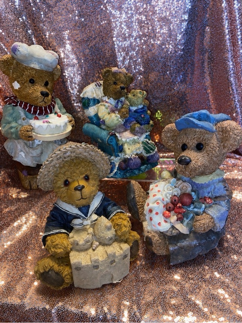 Vintage 1999 Teddy Bear Figurines-Set of 4 Wal-Mart Editions-Music Box+Bears